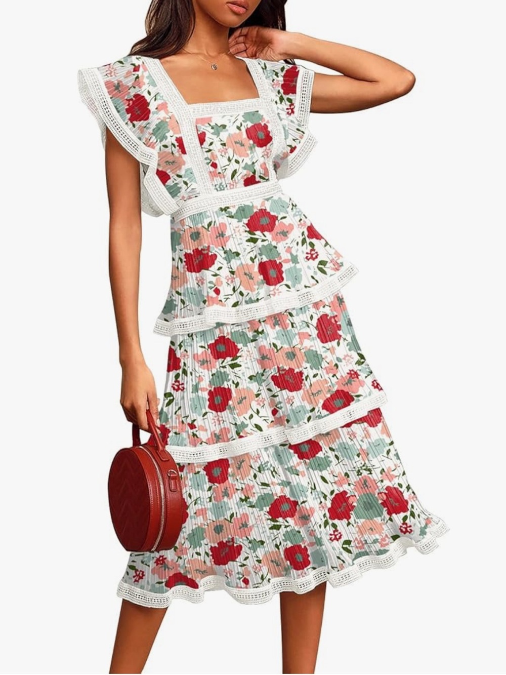 Floral Square-Neck Tiered Midi Dress in White and Red